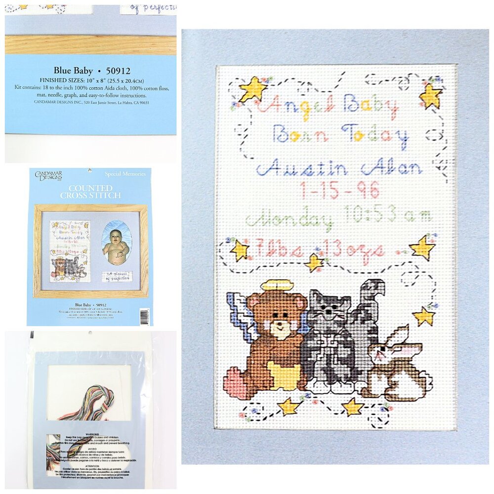Candamar Designs Baby Birth Announcement Counted Cross Stitch Kit Blue with Mat